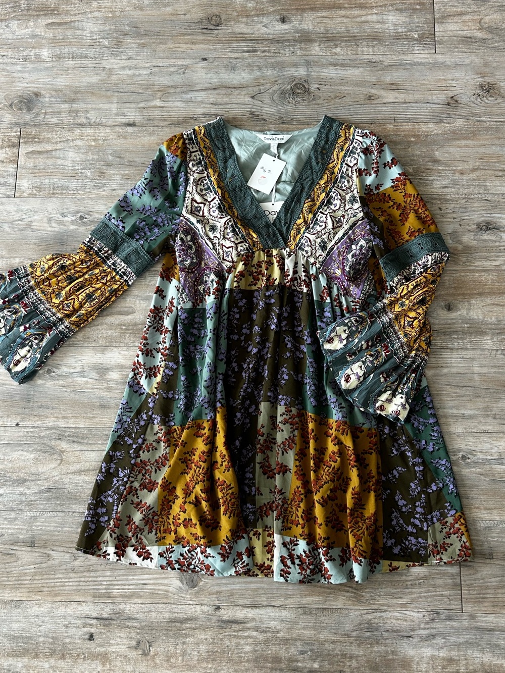 DAVI & DANI Patchwork Floral Mini Dress - Green, Mustard, Purple